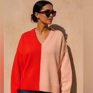 Kerri Rosenthal Heart Colorblock V-Neck Sweater - Red and Pink
